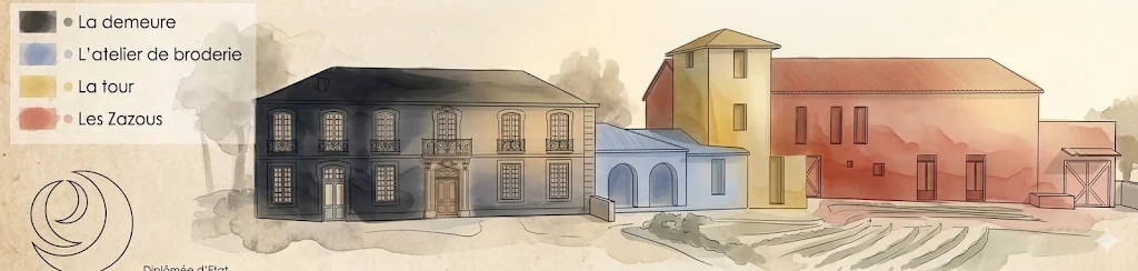 Plan illustré des bâtiments du gîte : La Demeure, L'atelier de broderie, La Tour, Les Zazous